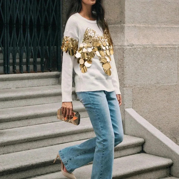 Women's Luxurious stylish Sequin detailed Long Sleeve Sweater top - Picture 2 of 9